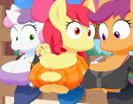  absurd_res anthro apple_bloom_(mlp) beverage big_breasts bottomwear bra_strap breast_expansion breasts cleavage clothed clothing denim denim_clothing earth_pony equid equine expansion female fence friendship_is_magic group hi_res horn horse jeans jewelry mammal my_little_pony necklace nipple_outline pants pegasus pony scootaloo_(mlp) slickehedge straw surprise sweetie_belle_(mlp) under_boob unicorn wings 