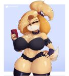  animal_crossing anthro big_breasts blonde_hair breasts canid canine canis clothing collar domestic_dog female gammainks hair helluva_boss hi_res holding_object holding_phone isabelle_(animal_crossing) legwear loona_(helluva_boss) mammal nintendo phone shih_tzu simple_background solo spiked_collar spikes thick_thighs thigh_highs toy_dog video_games white_background wide_hips 