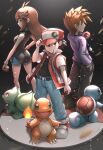  1girl 2boys absurdres brown_hair bulbasaur charmander fire gonzarez green_(pokemon) hat highres holding holding_poke_ball medium_hair multiple_boys poke_ball poke_ball_(basic) pokemon pokemon_(game) pokemon_rgby red_(pokemon) squirtle 