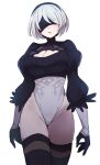  1girl black_blindfold black_hairband black_legwear blindfold boots breasts cleavage_cutout clothing_cutout do_m_kaeru gloves hairband high_heel_boots high_heels leotard long_sleeves medium_breasts mole mole_under_mouth nier_(series) nier_automata puffy_sleeves short_hair silver_hair solo thigh_boots thighhighs white_hair white_leotard yorha_no._2_type_b 