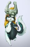  2016 anthro armor breasts canid canine canis chain chubby_anthro chubby_female claws fangs female floating fur hair hand_on_breast headgear helmet looking_at_viewer mammal midna nintendo nude one_eye_obstructed open_mouth raised_leg raised_tail shenzel slightly_chubby solo the_legend_of_zelda transformation twilight_princess video_games wolf 