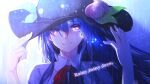  1girl backlighting bangs bloom blue_hair bow bowtie closed_mouth english_text hair_between_eyes hands_on_headwear hands_up hat highres hinanawi_tenshi long_hair looking_at_viewer overexposure peach_hat_ornament portrait rain red_bow red_bowtie red_eyes shirt sidelocks smile solo sumi_keiichi tears touhou white_shirt wing_collar 