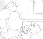  2022 anthro belly blush bodily_fluids canid canine canis clothing cum dessert domestic_dog doughnut duo erection food genital_fluids genitals hi_res inside kemono male male/male mammal momo_92698 overweight overweight_male penis pubes shirt sketch topwear 