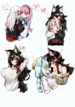  !? 4girls :d absurdres animal_ear_fluff animal_ears bangs black_choker black_hair black_jacket blue_choker blue_eyes blue_hair blue_sailor_collar braid breasts brown_eyes brown_jacket choker cleavage closed_eyes commentary_request double_bun eyebrows_visible_through_hair facing_another hand_on_another&#039;s_chin heart highres hololive horns hug jacket large_breasts looking_at_another minato_aqua mooninkyuu multicolored_clothes multicolored_hair multicolored_jacket multiple_girls nakiri_ayame oni_horns ookami_mio open_mouth pink_hair purple_eyes red_hair ribbon_choker sailor_collar shirt silver_hair simple_background sleeveless sleeveless_shirt smile spoken_blush spoken_heart streaked_hair stretch twin_braids twintails two-tone_hair two-tone_jacket virtual_youtuber white_background white_shirt wolf_ears yukihana_lamy yuri 