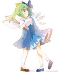  2girls ankle_socks backlighting bangs blue_bow blue_footwear blue_hair blue_skirt blue_vest bow brown_footwear calf_socks cirno collared_shirt d: daiyousei detached_wings eyebrows_visible_through_hair fairy fairy_wings floating_hair from_side full_body green_eyes green_hair hair_bow hand_on_another&#039;s_back hand_on_another&#039;s_shoulder hand_up highres hug ice ice_wings leg_up long_hair looking_away mary_janes medium_skirt multiple_girls namori_(style) parted_lips pleated_skirt ponytail profile puffy_short_sleeves puffy_sleeves sasaki_sakiko shadow shirt shoe_soles shoes short_hair short_sleeves sideways_mouth skirt skirt_set socks standing surprised sweat tareme touhou vest white_background white_legwear white_shirt wing_collar wings yellow_bow 