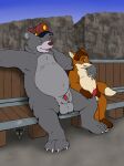  2022 anthro balls baloo belly black_nose blue_eyes brown_body canid canine clothing disney duo embrace erection fox genitals gideon_grey grey_body hat headgear headwear hi_res hug humanoid_hands male male/male mammal overweight overweight_male penis sitting size_difference talespin tokon ursid zootopia 