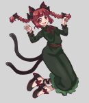  1girl :d animal_ear_fluff animal_ears bangs black_footwear blunt_bangs blush bow braid breasts cat_ears cat_tail dress eyebrows_behind_hair floating_hair footwear_bow full_body green_dress grey_background hands_up highres kaenbyou_rin long_hair long_sleeves looking_at_viewer multiple_tails neck_ribbon nekomata open_mouth paw_pose petticoat red_bow red_eyes red_hair red_ribbon renshirenji ribbon simple_background small_breasts smile solo tail touhou twin_braids twintails two_tails 