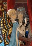  2boys against_mirror arthropod_boy bangs blue_butterfly blue_eyes broken_mirror bug butterfly butterfly_wings cape crown diamond_hairband fate/grand_order fate_(series) fur-trimmed_cape fur_trim grey_hair hand_on_mirror highres insect_wings long_hair long_sleeves looking_at_viewer looking_back male_focus mirror mirror_image multiple_boys oberon_(fate) reflection shirt smile solo spoilers uncleko5 upper_body wings 