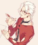  1boy bespectacled clothing_cutout earrings food-themed_earrings glasses holding holding_pen jewelry jojo_no_kimyou_na_bouken male_focus midriff necktie pannacotta_fugo pen red-framed_eyewear solo strawberry_earrings vento_aureo white_hair wuziky00 