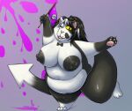  2016 anthro arrow belly big_belly big_breasts black_and_white_body black_and_white_fur black_and_white_hair bow_tie breasts domestic_cat felid feline felis female flag front_view fur genitals hair hi_res holding_flag holding_object judd looking_at_viewer mammal navel nintendo nipples nude on_one_leg one_eye_closed open_mouth overweight overweight_anthro overweight_female paint_splatter paws pointy_tail pussy shenzel shenzel_(shenzel) short_stack smile solo splatoon standing thick_thighs video_games wide_hips wink yellow_eyes 