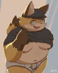  &lt;3 &lt;3_eyes 2022 anthro belly blush bulge canid canine clothing eyewear fox glasses hat headgear headwear hi_res humanoid_hands kemono kentachen27 male mammal moobs navel nipples overweight overweight_male solo underwear young 