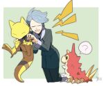  1girl ? abra border bug closed_eyes cyllene_(pokemon) grey_hair grey_jacket grey_skirt highres holding holding_pokemon jacket kneeling morio_(poke_orio) open_mouth outside_border pantyhose pokemon pokemon_(creature) pokemon_(game) pokemon_legends:_arceus scared short_hair skirt spoken_question_mark tearing_up teeth tongue upper_teeth white_border wurmple 