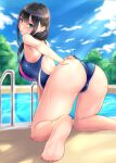  1girl adjusting_clothes adjusting_swimsuit all_fours arched_back arm_support ass back back_cutout bangs barefoot black_hair blue_eyes blue_swimsuit blush breasts chain-link_fence clothing_cutout competition_swimsuit day feet fence from_behind large_breasts long_hair looking_at_viewer looking_back nyanko_kaitou one-piece_swimsuit original outdoors parted_lips pool pool_ladder poolside shiny shiny_clothes shiny_swimsuit sidelocks soles solo sunlight swimsuit wet 