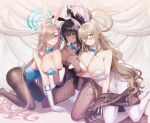  3girls akane_(blue_archive) animal_ears asuna_(blue_archive) asymmetrical_docking bare_shoulders black_hair blonde_hair blue_archive blue_eyes breast_press breasts cleavage dark_skin glasses gloves hair_over_one_eye highres karin_(blue_archive) large_breasts long_hair multiple_girls playboy_bunny rabbit_ears rabbit_tail smk tail thighhighs very_long_hair yellow_eyes 