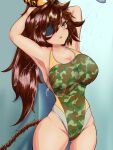  1girl black_eyepatch bombergirl braid breasts brown_hair camouflage cleavage commentary_request competition_swimsuit cowboy_shot eyepatch highres horounendo large_breasts long_hair multicolored_clothes multicolored_swimsuit one-piece_swimsuit oren_(bombergirl) ponytail shower_(place) showering single_braid solo standing swimsuit 