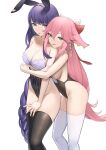  2girls absurdres animal_ears black_legwear braid braided_ponytail breasts cleavage curvy from_behind genshin_impact hair_ornament hair_ribbon highleg highleg_leotard highres hug leotard looking_at_viewer lordol medium_breasts multiple_girls pink_hair playboy_bunny purple_eyes purple_hair rabbit_ears raiden_shogun ribbon sideboob skindentation thick_thighs thighhighs thighs white_legwear yae_miko 