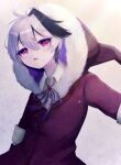  1girl coat commentary flower_(vocaloid) fur-trimmed_coat fur_trim hood hood_up hooded_coat looking_to_the_side multicolored_hair neck_ribbon outstretched_arm parted_lips purple_eyes purple_hair purple_ribbon ribbon santendot short_hair snowing solo streaked_hair upper_body v_flower_(vocaloid4) vocaloid white_hair 