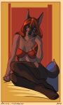 absurd_res anthro aquila_chrysaetos bra canid canine canis clothed clothing dobermann domestic_dog female green_eyes hair hi_res legwear mammal partially_clothed pinscher plantigrade red_hair solo stockings underwear 