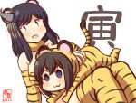  2girls :3 ahoge alternate_costume animal_costume animal_ears animal_print artist_logo black_hair blue_eyes breasts brown_hair chinese_zodiac collarbone commentary_request dated detached_sleeves eyebrows_visible_through_hair hair_ornament kanon_(kurogane_knights) kantai_collection large_breasts light_blush multiple_girls one-hour_drawing_challenge open_mouth red_eyes shigure_(kancolle) short_hair smile tail thighhighs tiger_costume tiger_ears tiger_print tiger_tail yamashiro_(kancolle) year_of_the_tiger younger 
