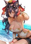  1girl animal_ears beach black_hair breasts cleavage erune eyewear_on_head flower granblue_fantasy hair_flower hair_ornament highres ilsa_(granblue_fantasy) large_breasts long_hair magion02 ocean one_eye_closed red_eyes signature smile sunglasses swimsuit 