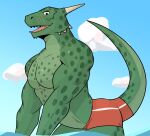  2022 anthro argonian bethesda_softworks biceps clothing facial_scar facial_spikes fangs green_body green_scales hi_res horn jrjresq looking_at_viewer male muscular muscular_anthro muscular_male open_mouth outside partially_submerged pecs quads scales scalie scar sharp_teeth solo spikes spikes_(anatomy) swimwear teeth the_elder_scrolls tongue tongue_out triceps video_games water wet 