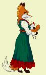  absurd_res anthro avian bird canid canine chicken clothing dress duo female fox galliform gallus_(genus) garbagegarage gem grin hi_res jewelry mammal necklace nervous nervous_sweat pearl_(gem) pearl_necklace phasianid simple_background smile yellow_eyes 