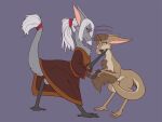  accessory anthro brown_hair character_request clothing duo female furgonomics general-irrelevant hair mammal nude out-of-placers ponytail robe simple_background size_difference standing tail_accessory webcomic whiskers white_hair yinglet 