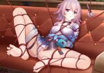  1girl arms_behind_back barefoot bdsm blue_eyes bondage bound bound_arms bound_legs character_request check_character check_copyright collarbone commentary_request copyright_request couch crotch_rope honkai:_star_rail honkai_(series) march_7th_(honkai:_star_rail) medium_hair pink_hair rope scissors shibari shibari_over_clothes sitting skindentation solo yiduan_zhu 