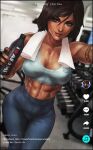  1girl abs absurdres arm_tattoo avatar_(series) bangs bare_shoulders black_hair black_nails blue_eyes blurry blurry_background bottle breasts collarbone dark-skinned_female dark_skin dumbbell feet_out_of_frame fingerless_gloves gloves gym hair_between_eyes hands_up highres holding holding_bottle korra large_breasts midriff monori_rogue muscular muscular_female nail_polish open_mouth pants parted_lips selfie short_hair sleeveless smile solo sports_bra standing sweat tattoo teeth the_legend_of_korra tiktok towel towel_around_neck yoga_pants 
