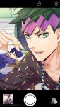  2boys black_hair cellphone diamond_wa_kudakenai earrings green_eyes green_hair higashikata_josuke jewelry jojo_no_kimyou_na_bouken kishibe_rohan male_focus multiple_boys phone phone_screen pompadour purple_hair recording selfie sleeping smartphone taking_picture viewfinder wuziky00 