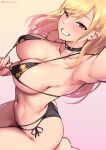  1girl absurdres arched_back ass bikini bikini_pull blonde_hair breasts choker cleavage clothes_pull collar ear_piercing earrings grin highres jewelry kitagawa_marin kneeling large_breasts legs_together looking_at_viewer navel piercing queasy_s red_eyes selfie smile solo sono_bisque_doll_wa_koi_wo_suru swimsuit thighs 
