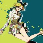  1girl black_hair blonde_hair double_bun dress floral_print green_hair h28 hair_cones jojo_no_kimyou_na_bouken jolyne_fly_high_with_gucci kujo_jolyne long_sleeves multicolored_hair official_alternate_costume sandals solo two-tone_hair yellow_eyes yellow_lips 