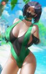  1girl araneesama artist_name black_bodysuit black_gloves black_hair blue_sky bob_cut bodysuit breasts cameltoe cleavage cloud collarbone commentary covered_nipples day english_commentary gloves grabbing_own_breast green_bodysuit green_eyes highres large_breasts looking_to_the_side mask mouth_mask outdoors patreon_logo patreon_username short_hair sky solo standing two-tone_bodysuit valorant viper_(valorant) web_address 
