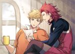  2boys :o bangs black_shirt blonde_hair brown_pants crossed_legs cup granblue_fantasy green_eyes high_collar holding holding_cup holding_letter letter male_focus multiple_boys ono_(0_no) orange_shirt pants percival_(granblue_fantasy) red_eyes red_hair red_shirt shirt short_hair sitting translation_request two-tone_shirt vane_(granblue_fantasy) 