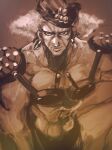  1boy armor battle_tendency breastplate chocoblood curly_hair earrings esidisi facial_mark hat highres jewelry jojo_no_kimyou_na_bouken male_focus nose_piercing nose_ring piercing pincushion sepia shoulder_pads solo suspenders tattoo 