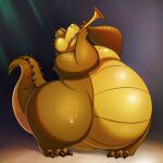  2018 alligator alligatorid anthro belly big_belly claws crocodilian disney eyes_closed fangs hi_res holding_object holding_trumpet instrument_(disambiguation) louis_(tpatf) male nude obese obese_anthro obese_male overweight overweight_anthro overweight_male playing_music puffed_cheeks raised_tail reptile scales scalie shenzel solo standing the_princess_and_the_frog thick_thighs wide_hips 