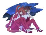  2girls animal_ears brown_hair closed_mouth commentary_request daiwa_scarlet_(umamusume) full_body gym_uniform highres horse_ears horse_girl horse_tail hoyon jacket long_hair long_sleeves looking_at_viewer multicolored_hair multiple_girls night night_sky red_eyes red_hair shoes sitting sky streaked_hair tail tiara track_jacket twintails umamusume vodka_(umamusume) white_background white_footwear white_hair 