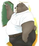  2022 anthro belly black_nose bottomwear brown_body chalkboard classroom clothing eyewear glasses hi_res inside kemono male mammal o_miso_n obese obese_male overweight overweight_male pants school shirt solo teacher topwear ursid 