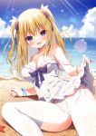  1girl :d bangs blonde_hair blue_bow blue_sky bow breasts cleavage clothes_lift cloud commentary_request covered_navel day dress dress_lift eyebrows_visible_through_hair frilled_dress frills hair_between_eyes hair_bow hair_ribbon highres horizon large_breasts lifted_by_self long_hair looking_at_viewer mauve ocean original outdoors panties purple_eyes ribbon see-through side-tie_panties sky sleeveless sleeveless_dress smile solo strap_slip thighhighs two_side_up underwear very_long_hair water wet wet_clothes wet_dress white_dress white_legwear white_panties white_ribbon 