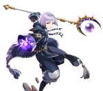  1boy androgynous auxiliary_lots cloak epic_seven holding holding_weapon long_sleeves looking_at_viewer mage_staff official_art orange_eyes otoko_no_ko pale_skin purple_hair short_hair silver_hair staff wand weapon 