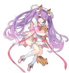  1girl :d animal animal_ears ark_order boar_(ark_order) boar_ears bow choker dress frilled_dress frilled_legwear frills full_body gold_trim hair_bow hatoyama_itsuru heart heart_choker holding holding_animal horns kneehighs leg_garter long_sleeves official_art one_eye_closed open_mouth pink_choker pink_dress pink_eyes pink_footwear pink_ribbon puffy_long_sleeves puffy_sleeves purple_hair ribbon shoes smile snout_hair_ornament solo tachi-e transparent_background twintails white_legwear 