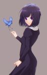  1girl absurdres ass_visible_through_thighs blue_bird clothing_request expressionless grey_background highres kuonji_alice looking_at_viewer mahou_tsukai_no_yoru purple_eyes purple_hair shichiroku_(pixiv_25029782) short_hair solo type-moon 
