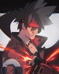  1boy black_gloves brown_hair clenched_hand clothes_writing eviedrws gloves guilty_gear guilty_gear_strive headband headgear highres jacket medium_hair pectorals red_eyes red_headband red_jacket red_vest smile sol_badguy solo upper_body vest 