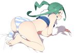  1girl arm_warmers breasts green_eyes green_hair idol large_breasts lisia_(pokemon) panties pokemon pokemon_(game) pokemon_oras simple_background single_sock socks solo tottotonero underwear white_background 