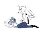  2022 anthro bottomwear buster_moon canid canine canis clothing duo hi_res illumination_entertainment jimmy_crystal koala lumise05 lying male male/male mammal marsupial necktie pants pillow shirt sing_(movie) size_difference topwear undressing vombatiform wolf 