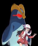  1girl :d alpha_pokemon asatsuki_(fgfff) beanie black_background black_shorts buttons coat commentary_request crying dawn_(pokemon) eyelashes grey_eyes hat highres long_sleeves open_mouth pokemon pokemon_(game) pokemon_dppt pokemon_platinum prinplup red_coat scarf shorts smile tears teeth tongue upper_teeth white_headwear white_scarf 