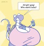  2019 anthro beverage big_breasts bottomwear breasts bubble_tea clothing digital_media_(artwork) english_text eyes_closed female gina_(satsumalord) hair hands-free_bubble_tea huge_breasts hyper hyper_breasts jacket mammal meme mouse murid murine open_mouth pants rodent satsumalord shirt sketch solo speech_bubble text topwear 