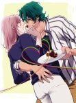  2boys ataka_takeru brown_pants cake cherry_blossom_(sk8) chocolate_strawberry dessert feeding food green_hair heart hug joe_(sk8) long_hair medium_hair multiple_boys orange_eyes pants pink_hair plate shirt simple_background sk8_the_infinity standing striped striped_shirt white_pants white_shirt yaoi 