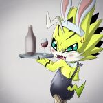  absurd_res angry anthro bandai_namco blush bunny_costume butt clothing costume cross-popping_vein digimon drakon_(artist) embarrassed green_eyes hi_res male playboy_bunny pulsemon serving_tray solo yellow_body 