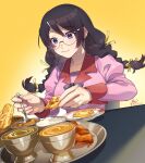  bakemonogatari blush braid bread breasts commentary curry eating eyebrows_visible_through_hair food glasses hair_between_eyes hair_ornament hairclip hairpin hanekawa_tsubasa happy large_breasts long_hair long_sleeves looking_at_food monogatari_(series) naan_bread naoetsu_high_school_uniform pink_skirt puffy_long_sleeves puffy_sleeves purple_eyes reirou_(re16ko89) rice school_uniform skirt solo twin_braids twintails 